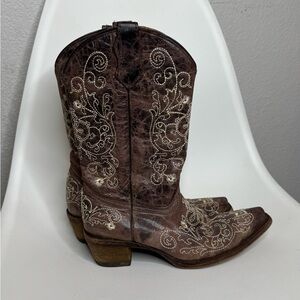 Corral Girl's Embroidery Western Boots Brown Leather Size 4Teen Floral Stitch